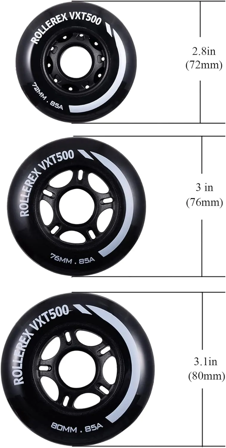 Rollerex VXT500 Inline Skate Wheels – 4-Pack (Optional Bearings, Spacers and Washers) - Durable Replacement Roller Blade Wheels for Indoor & Outdoor Skating (76mm, Steel Black)