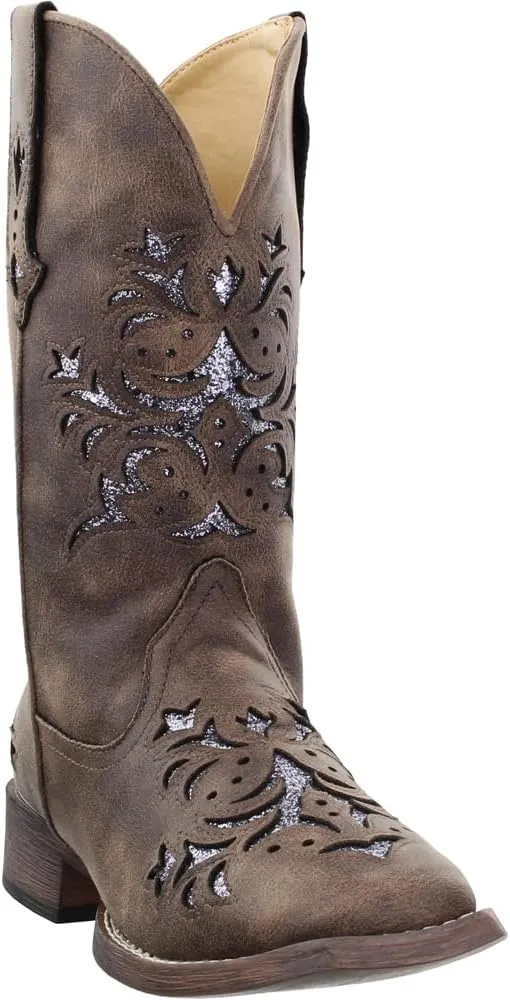 ROPER Womens Kennedy Glitter Tooled Inlay Square Toe Pull On Casual Boots Mid Calf Low Heel 1-2" - Brown