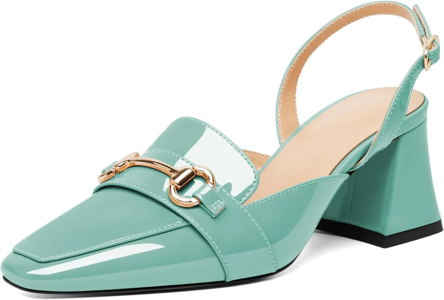 SAMMITOP Women Slingback Low Chunky Heels Loafer Pumps Metal Buckle Block Heeled Sandals Closed Square Toe Dress Shoes Work Office Casual 2.5 Inch
