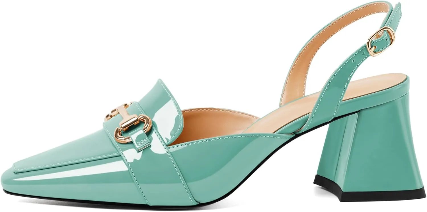 SAMMITOP Women Slingback Low Chunky Heels Loafer Pumps Metal Buckle Block Heeled Sandals Closed Square Toe Dress Shoes Work Office Casual 2.5 Inch