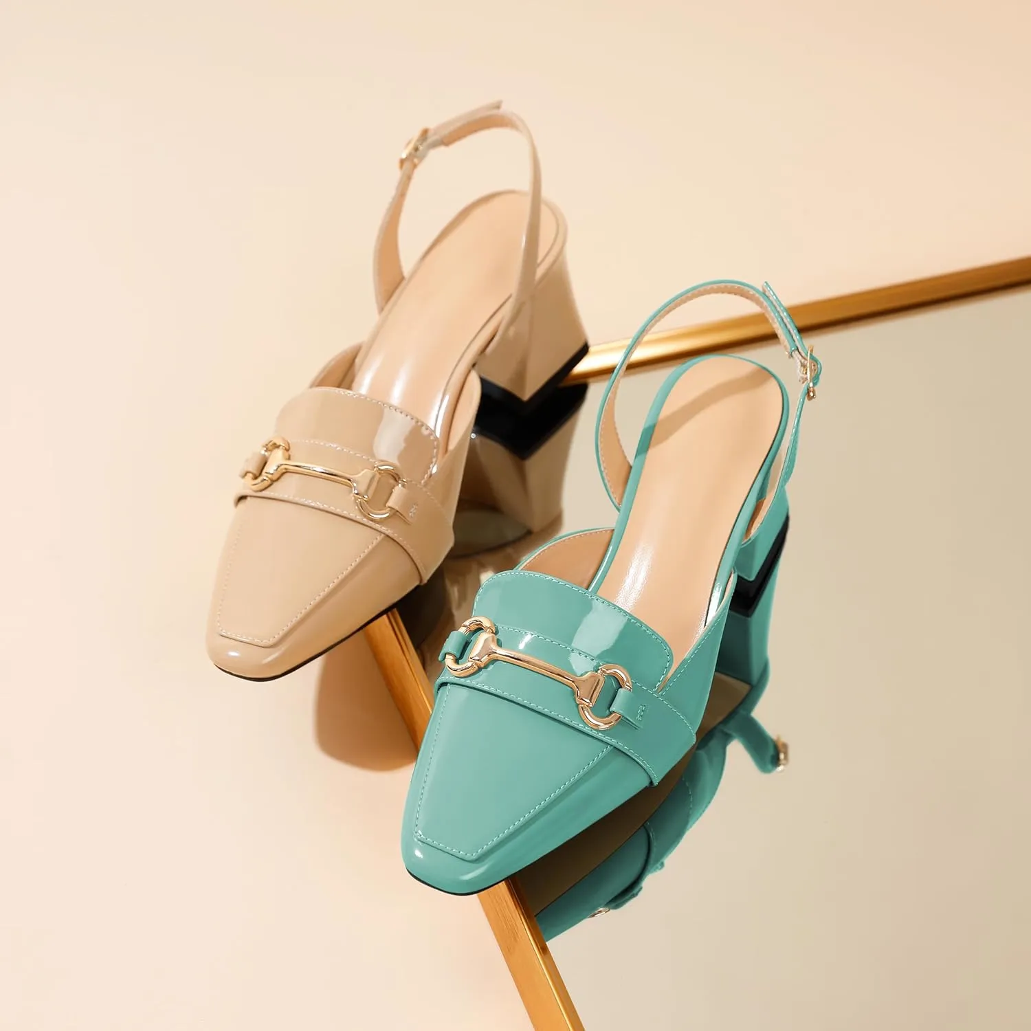 SAMMITOP Women Slingback Low Chunky Heels Loafer Pumps Metal Buckle Block Heeled Sandals Closed Square Toe Dress Shoes Work Office Casual 2.5 Inch