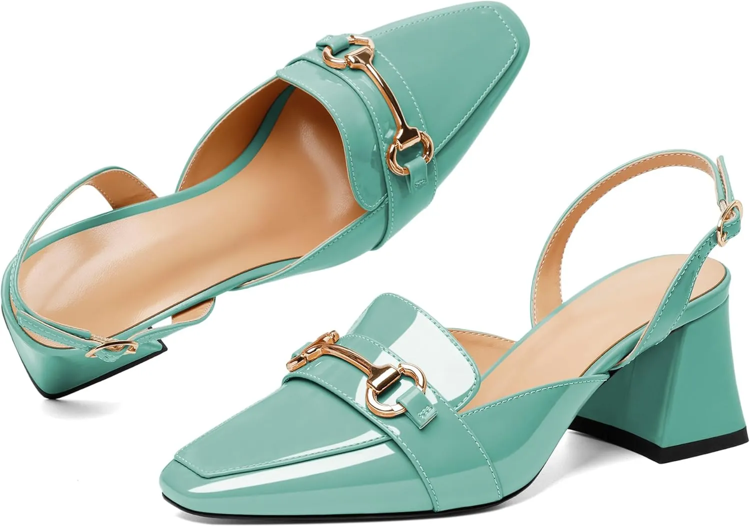SAMMITOP Women Slingback Low Chunky Heels Loafer Pumps Metal Buckle Block Heeled Sandals Closed Square Toe Dress Shoes Work Office Casual 2.5 Inch
