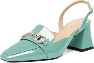 SAMMITOP Women Slingback Low Chunky Heels Loafer Pumps Metal Buckle Block Heeled Sandals Closed Square Toe Dress Shoes Work Office Casual 2.5 Inch