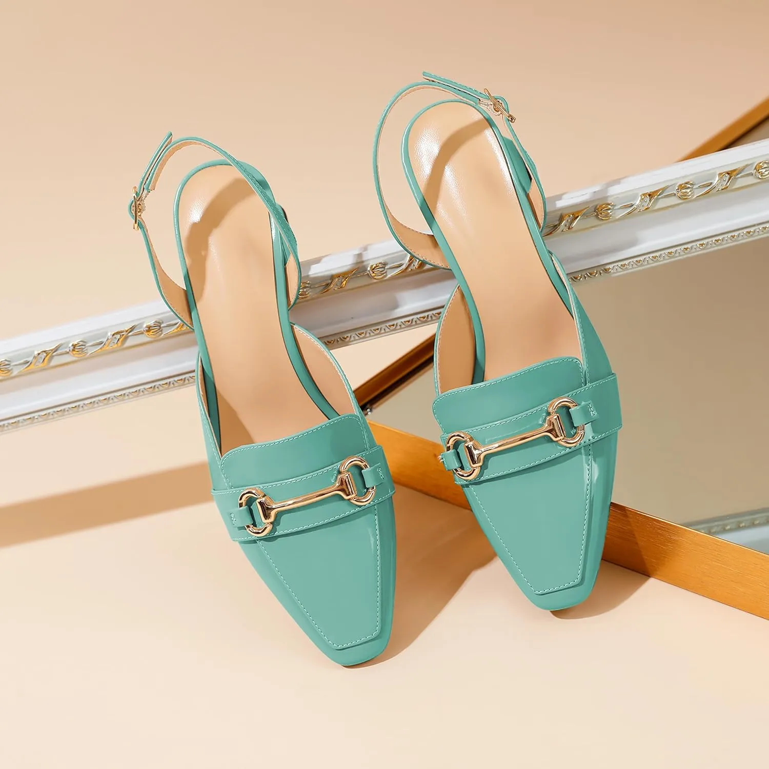SAMMITOP Women Slingback Low Chunky Heels Loafer Pumps Metal Buckle Block Heeled Sandals Closed Square Toe Dress Shoes Work Office Casual 2.5 Inch