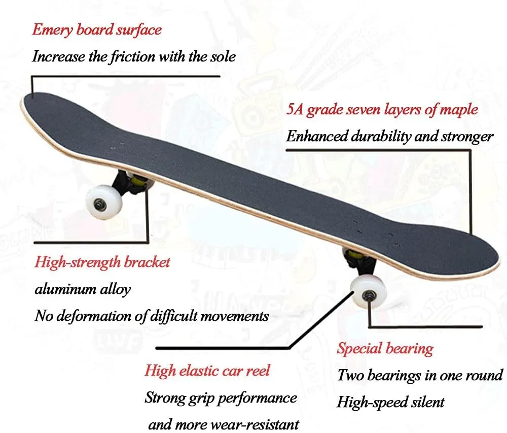 Skateboard for Beginners, 31 inch 9 Layers Maple Deck Pro Skateboard Complete Double Kick Concave Skate Board with Anti-Shock PU Wheels for Kids Adults Boys Girls,e