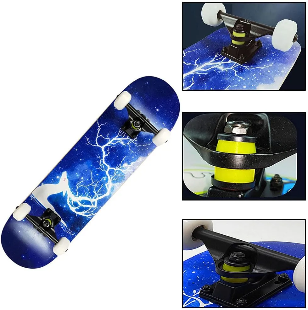 Skateboard for Beginners, 31 inch 9 Layers Maple Deck Pro Skateboard Complete Double Kick Concave Skate Board with Anti-Shock PU Wheels for Kids Adults Boys Girls,e