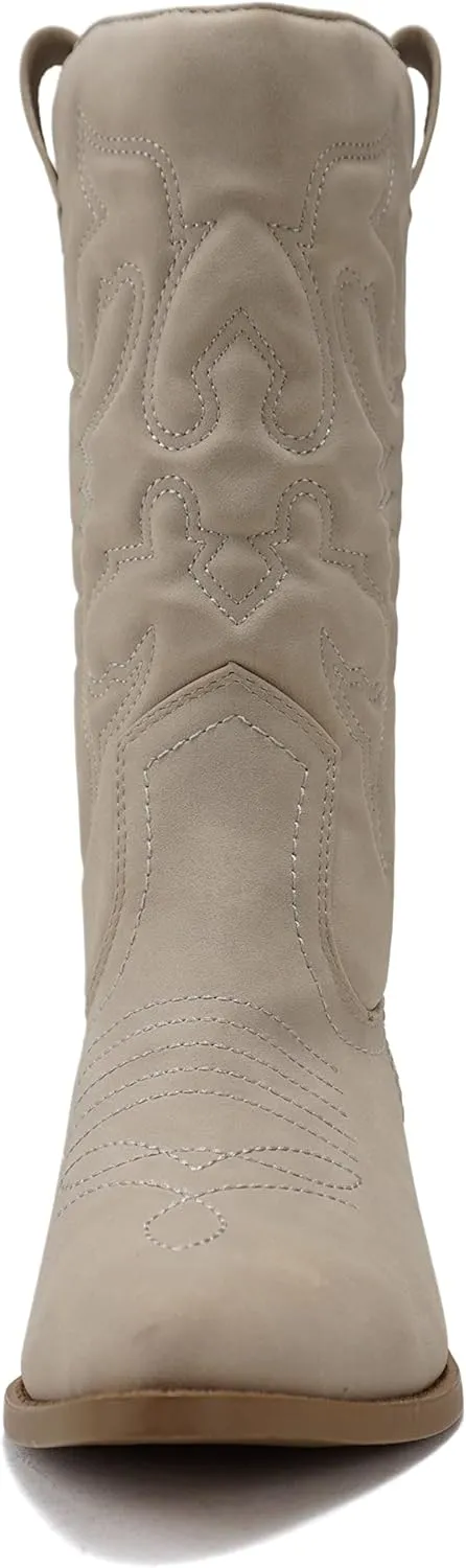 Soda RENO ~ Women Western Cowboy Stitched Pointe Toe Low Heel Ankle Mid Shaft Fashion Boots