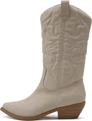 Soda RENO ~ Women Western Cowboy Stitched Pointe Toe Low Heel Ankle Mid Shaft Fashion Boots