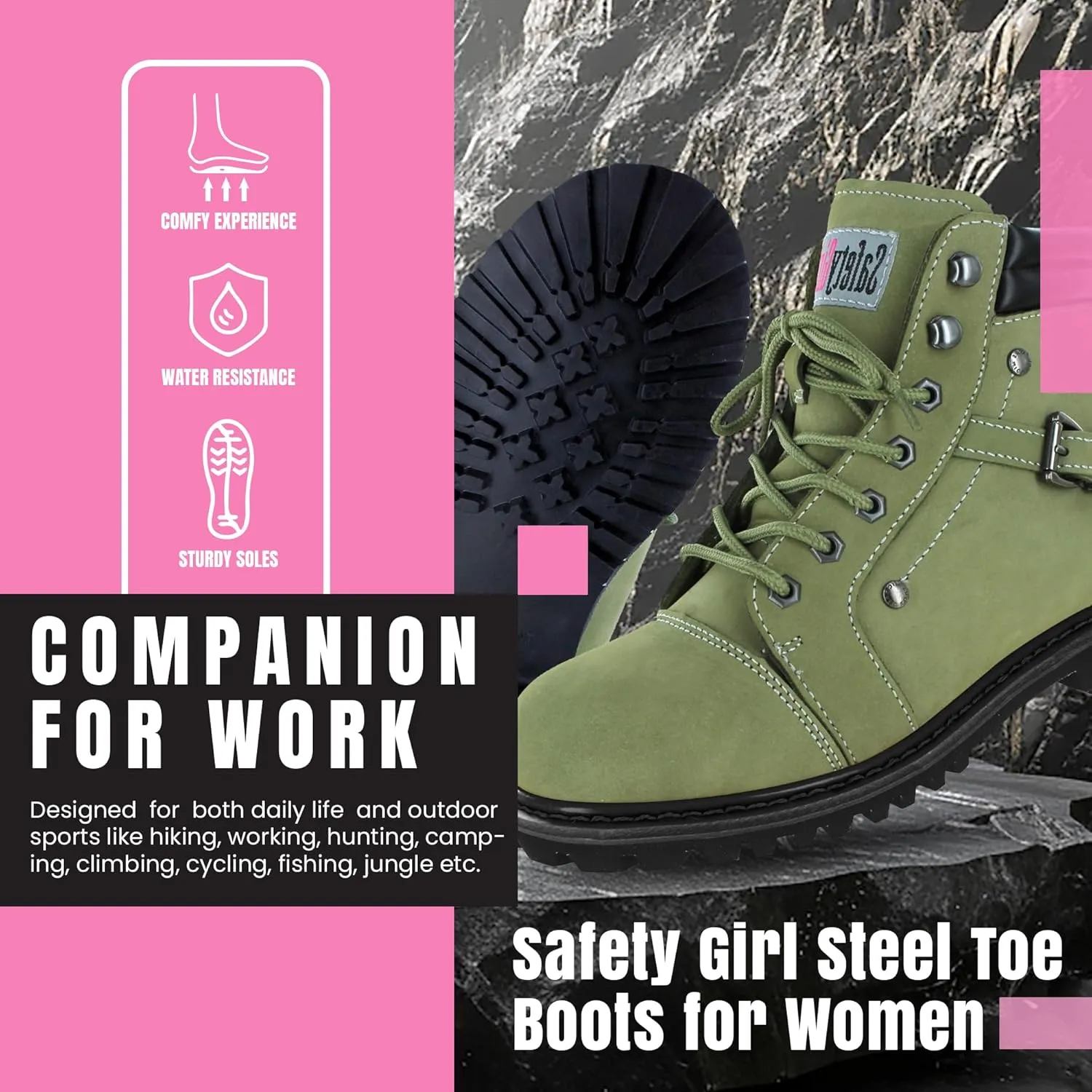 Steel Toe Boots for Women - Moss - 10M | Waterproof Women's Fusion Work Boots | Leather Work Boots | Rugged Goodyear Welt Construction | Oil Resistant Outsoles & Cushioned Insoles