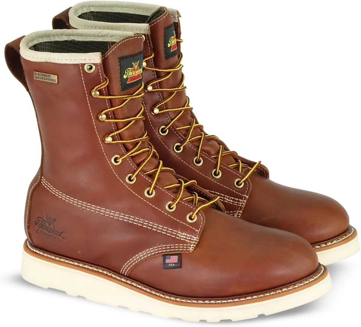 Thorogood 814-4008 Men's American Heritage 8" Round Toe, MAXWear Wedge Waterproof Non-Safety Toe Boot, Tobacco Oil-Tanned - 14 2E US