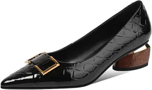 TinaCus Women's Patent Leather Pointed Toe Handmade Low Chunky Heel Fashion Loafer Shoes with Buckle