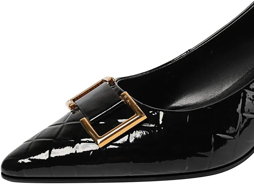 TinaCus Women's Patent Leather Pointed Toe Handmade Low Chunky Heel Fashion Loafer Shoes with Buckle