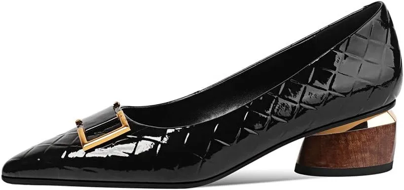 TinaCus Women's Patent Leather Pointed Toe Handmade Low Chunky Heel Fashion Loafer Shoes with Buckle