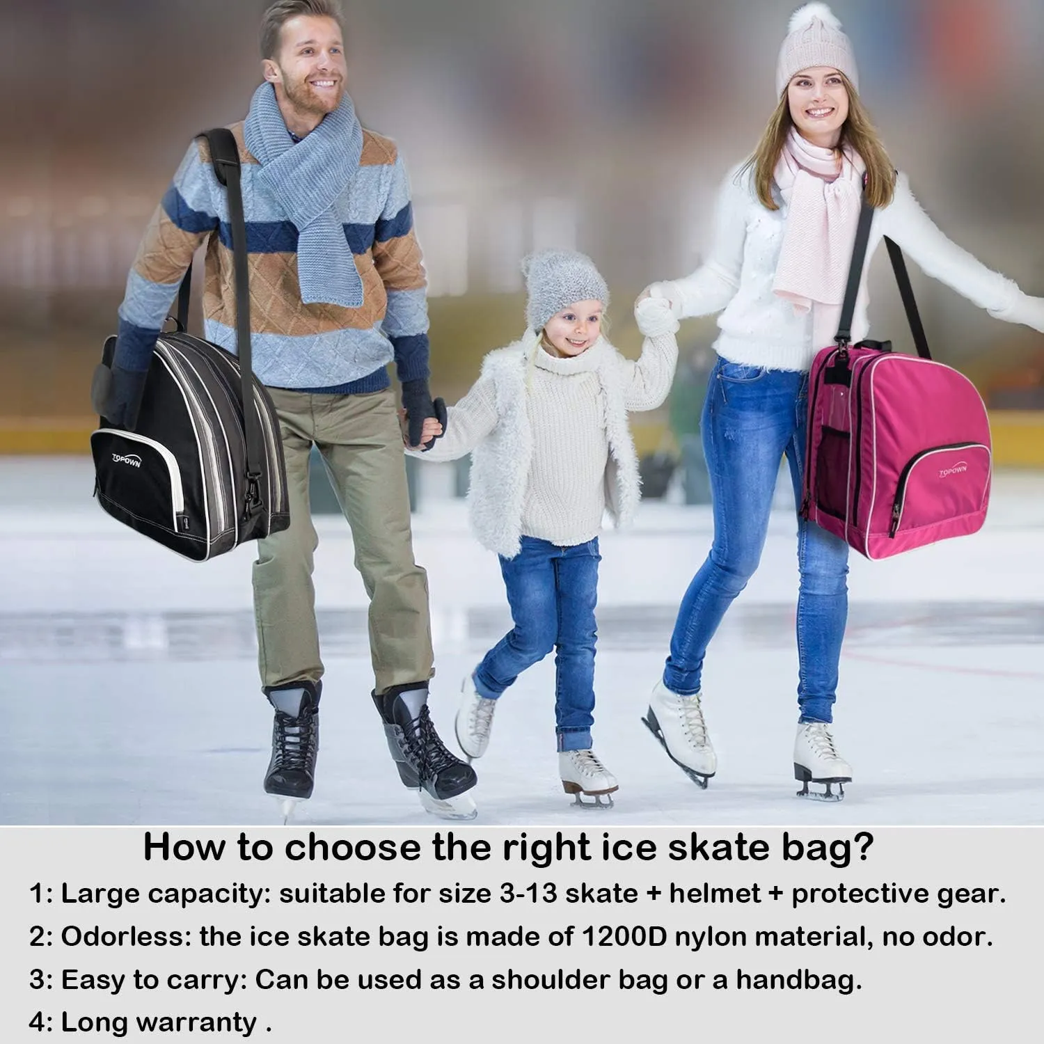 TOPOWN Premium Ice Skate Bag - Roller Skates & Blades Bag for Men & Women - Black & Rose Red