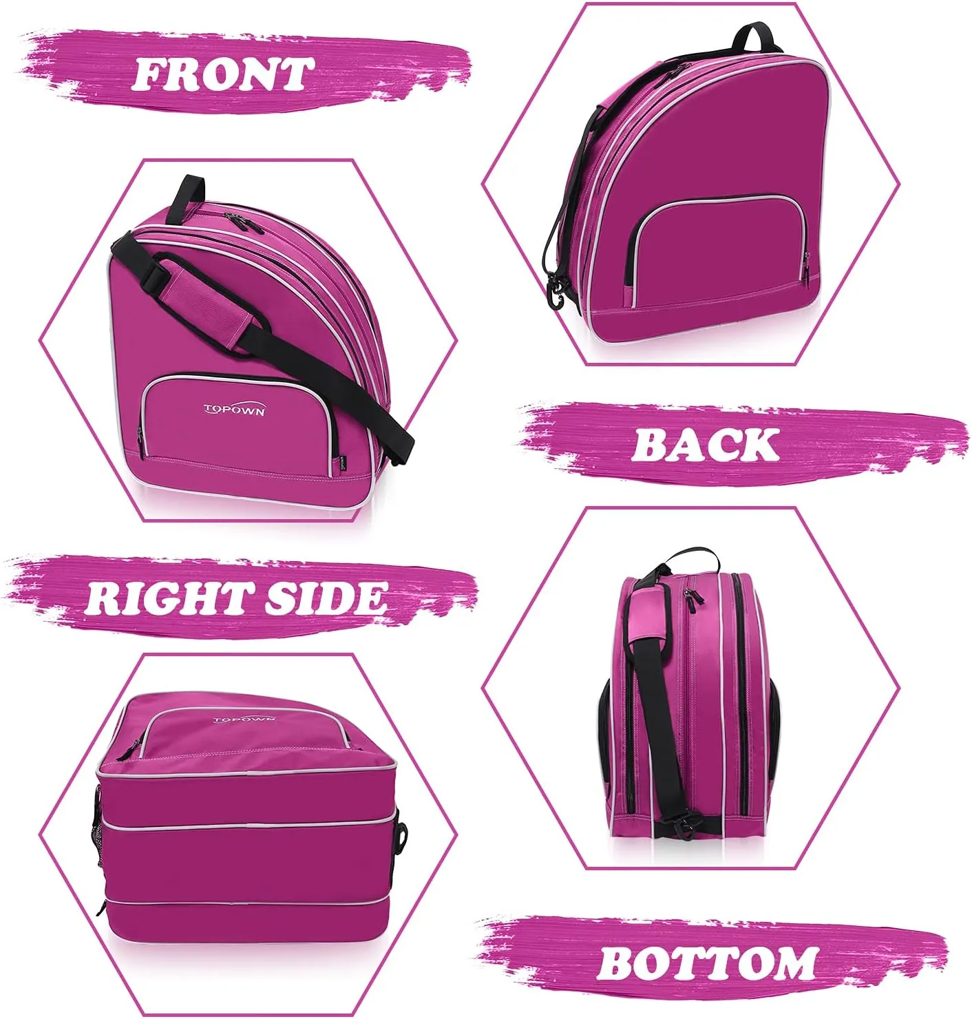 TOPOWN Premium Ice Skate Bag - Roller Skates & Blades Bag for Men & Women - Black & Rose Red