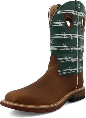 Twisted X Men's 12" Western Work Boot, Square Toe Alloy Toe with CellStretch, Oiled Buffalo & Green-Blue Slate, 11 EE