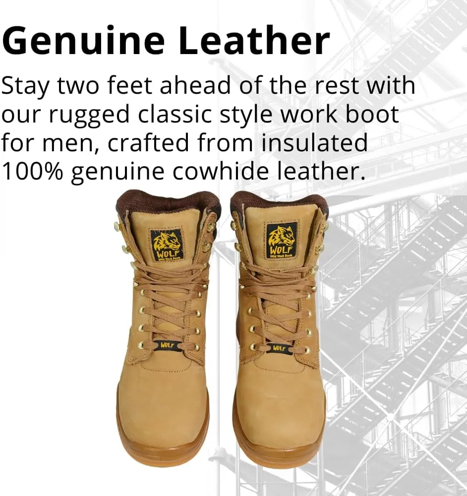 WOLF Work Boot | 100% Genuine Upper Leather | Oil, Heat, Chemical Resistant | Electrical Hazards | Non-Slip Rubber Sole | Padded Collar | Construction | Industrial PPE