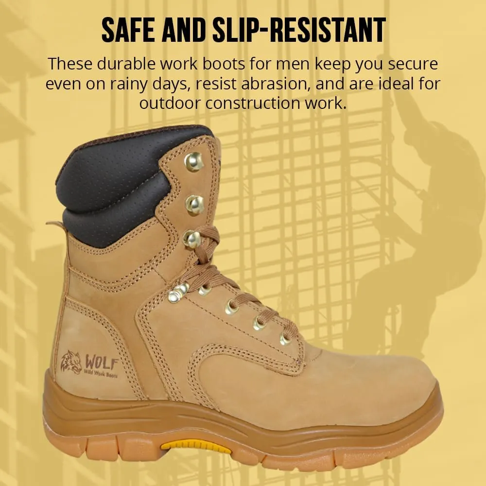 WOLF Work Boot | 100% Genuine Upper Leather | Oil, Heat, Chemical Resistant | Electrical Hazards | Non-Slip Rubber Sole | Padded Collar | Construction | Industrial PPE