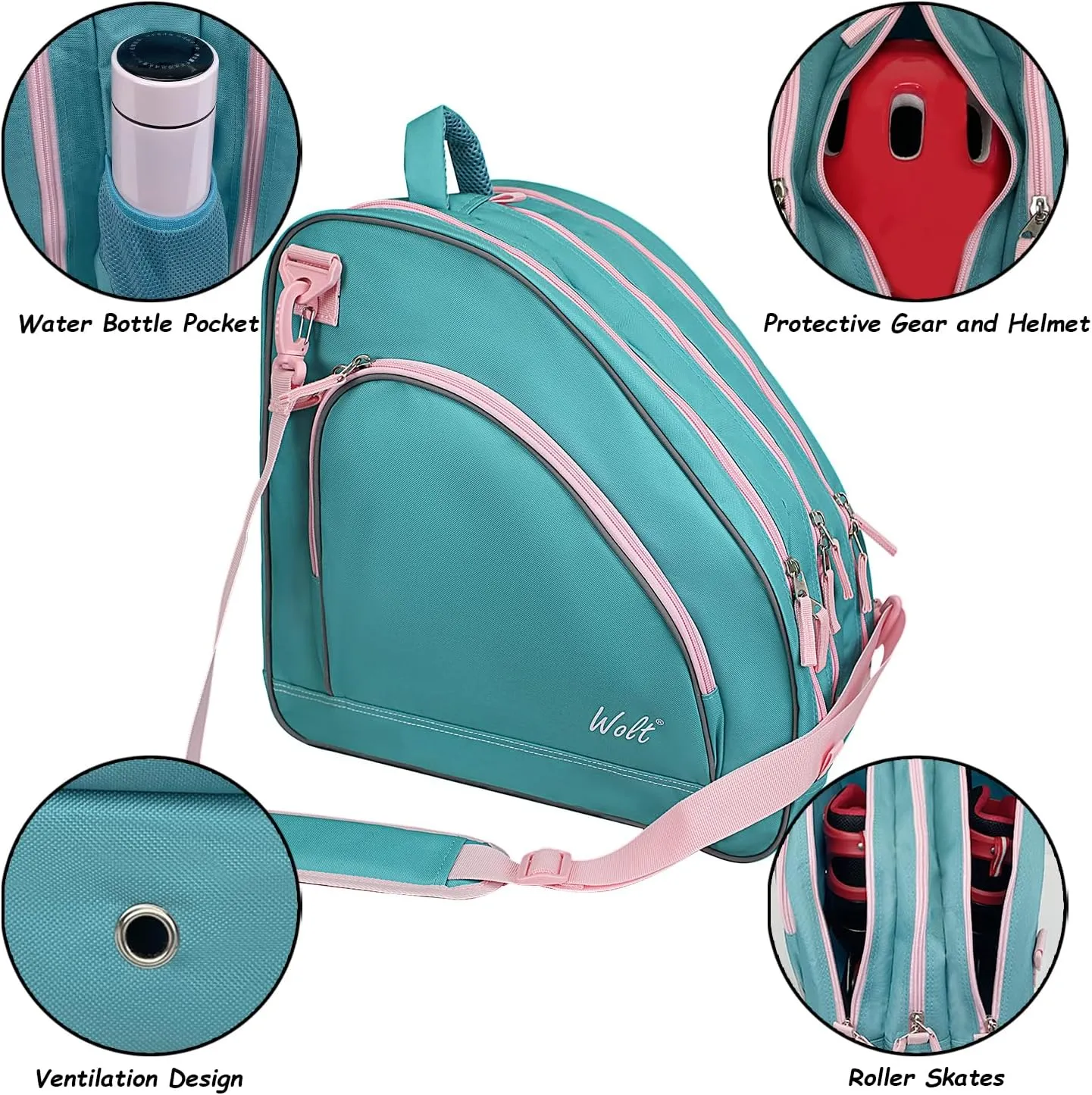 WOLT Ice Skate Bag - Roller Skate Bag, Inline Skate Bag with Adjustable Shoulder Strap for Both Youth and Adults.