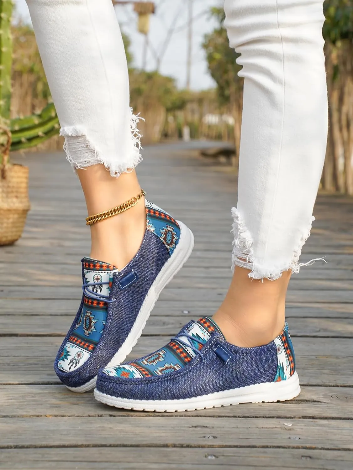 Women's Aztec Print Pattern Canvas Loafer Shoes Ethnic Lace-up Slip-on Sneakers Wide Width and Arch Support Lightweight Walking Breathable Shoes Comfort, Color Blue Brown Rose-Red