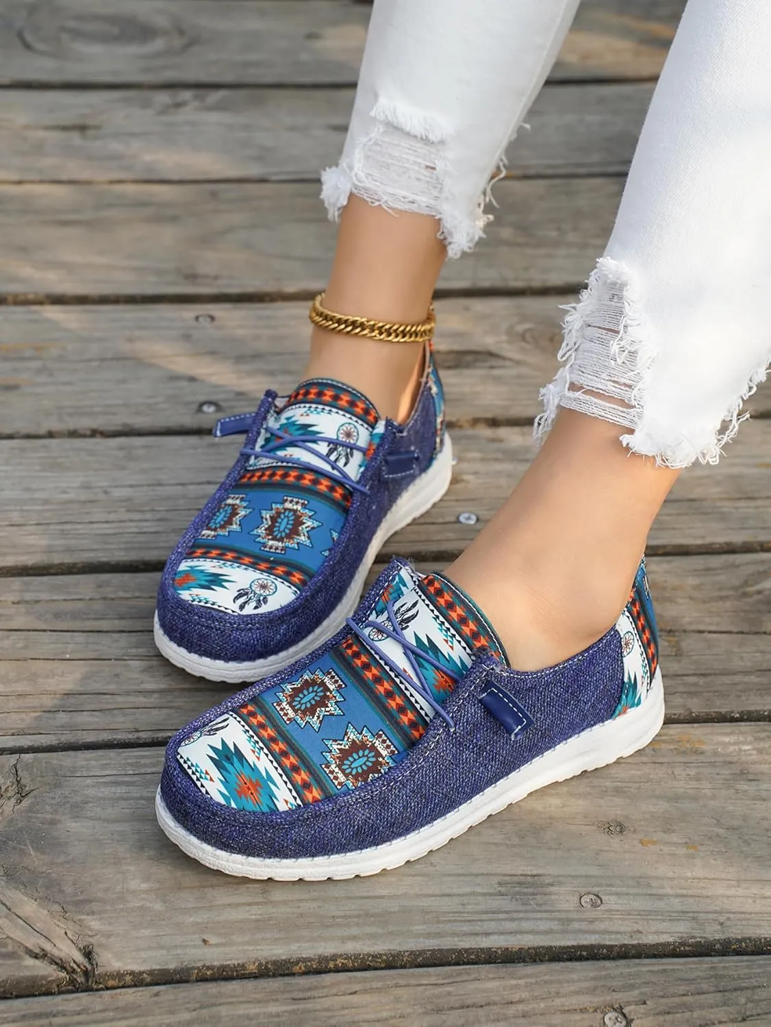 Women's Aztec Print Pattern Canvas Loafer Shoes Ethnic Lace-up Slip-on Sneakers Wide Width and Arch Support Lightweight Walking Breathable Shoes Comfort, Color Blue Brown Rose-Red
