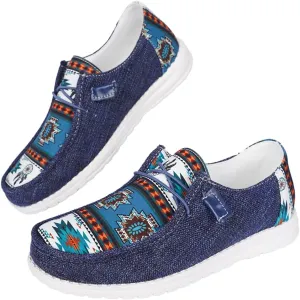 Women's Aztec Print Pattern Canvas Loafer Shoes Ethnic Lace-up Slip-on Sneakers Wide Width and Arch Support Lightweight Walking Breathable Shoes Comfort, Color Blue Brown Rose-Red