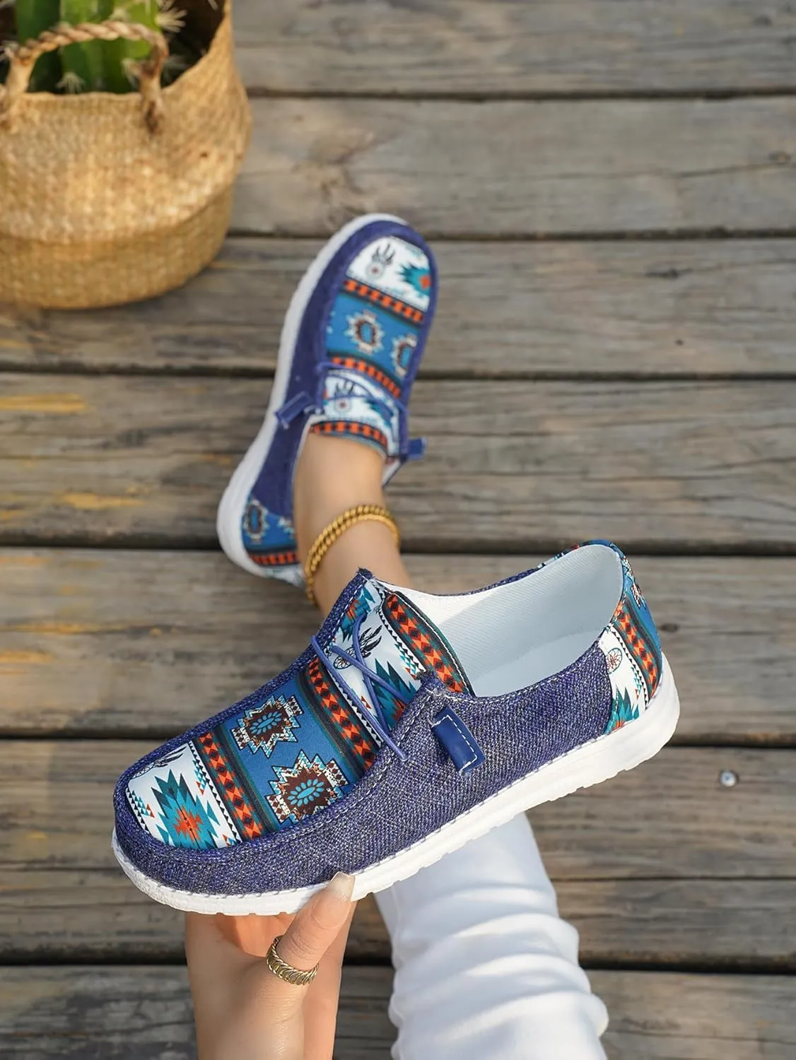 Women's Aztec Print Pattern Canvas Loafer Shoes Ethnic Lace-up Slip-on Sneakers Wide Width and Arch Support Lightweight Walking Breathable Shoes Comfort, Color Blue Brown Rose-Red