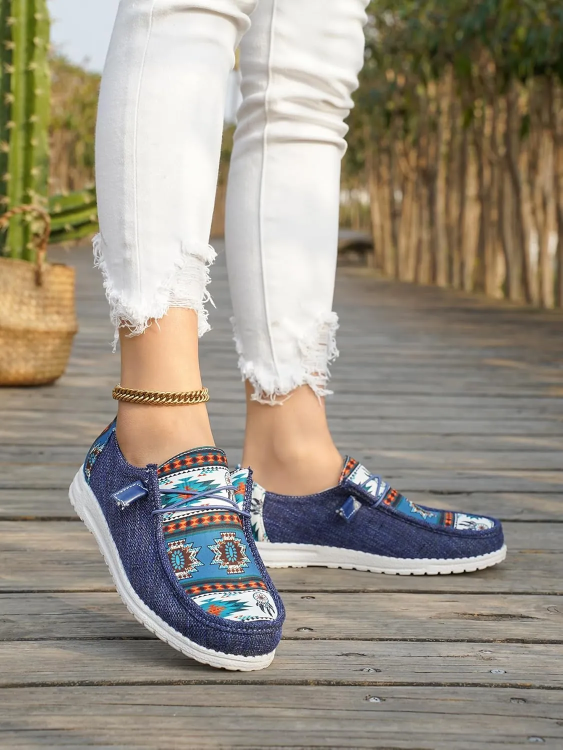 Women's Aztec Print Pattern Canvas Loafer Shoes Ethnic Lace-up Slip-on Sneakers Wide Width and Arch Support Lightweight Walking Breathable Shoes Comfort, Color Blue Brown Rose-Red
