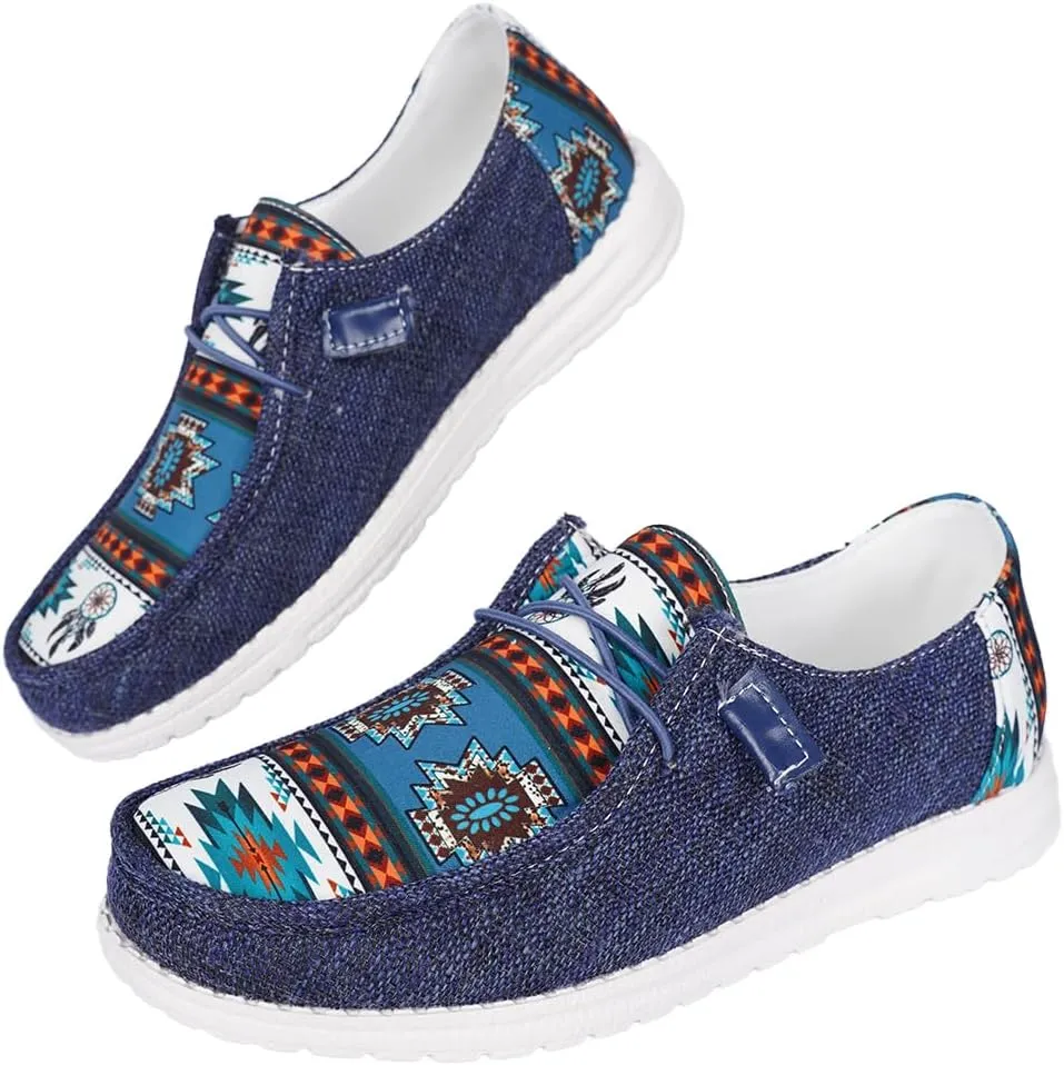 Women's Aztec Print Pattern Canvas Loafer Shoes Ethnic Lace-up Slip-on Sneakers Wide Width and Arch Support Lightweight Walking Breathable Shoes Comfort, Color Blue Brown Rose-Red