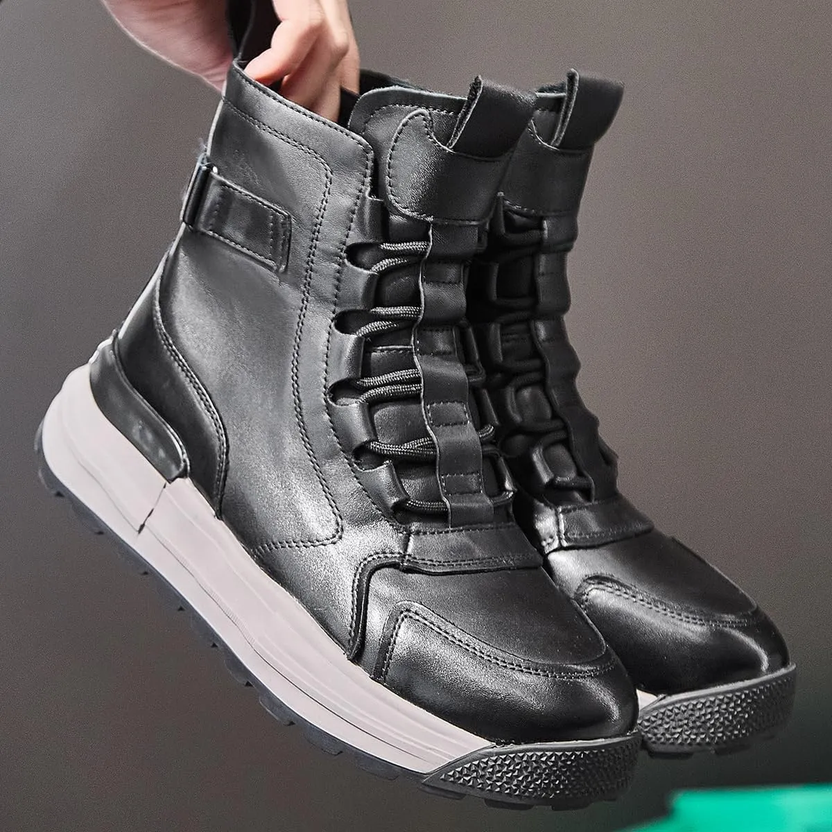 Women's Cowhide Leather Winter Mid Lace-Up Boot Waterproof Platform Anti-Slip Combat Boot Warm Fur Lined Boot Snow Ankle Booties with Padded Collar