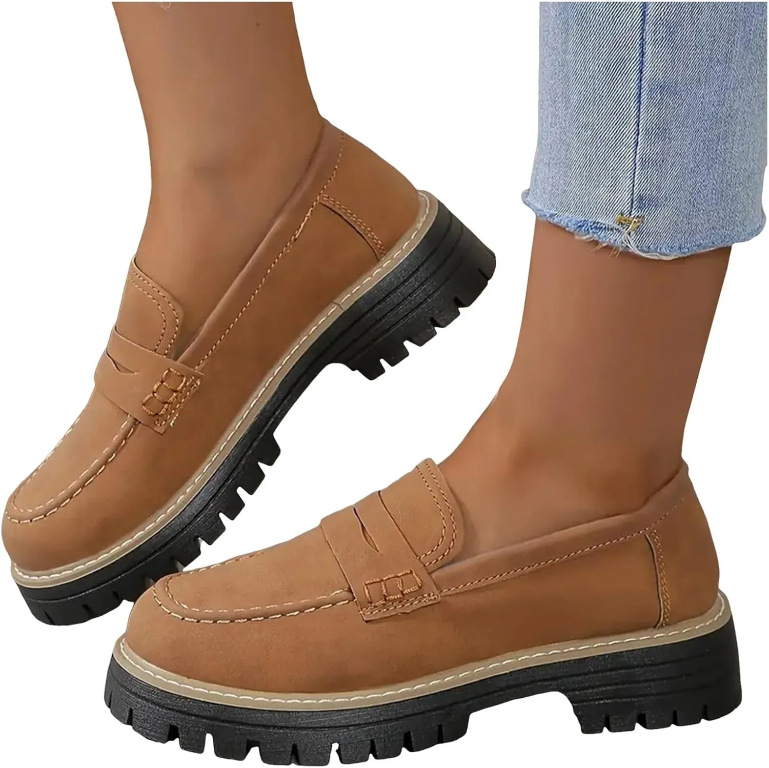 Womens Loafers Platform Chunky Penny Loafer Lug Sole Comfortable Slip On Work Office Business Orthopedic Casual Dressy Shoes Arch Support Round Toe Walking Shoe for Daily Wear