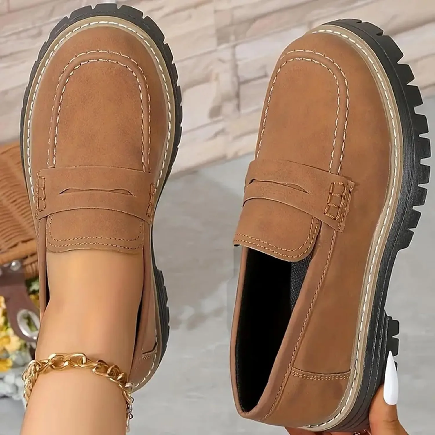 Womens Loafers Platform Chunky Penny Loafer Lug Sole Comfortable Slip On Work Office Business Orthopedic Casual Dressy Shoes Arch Support Round Toe Walking Shoe for Daily Wear