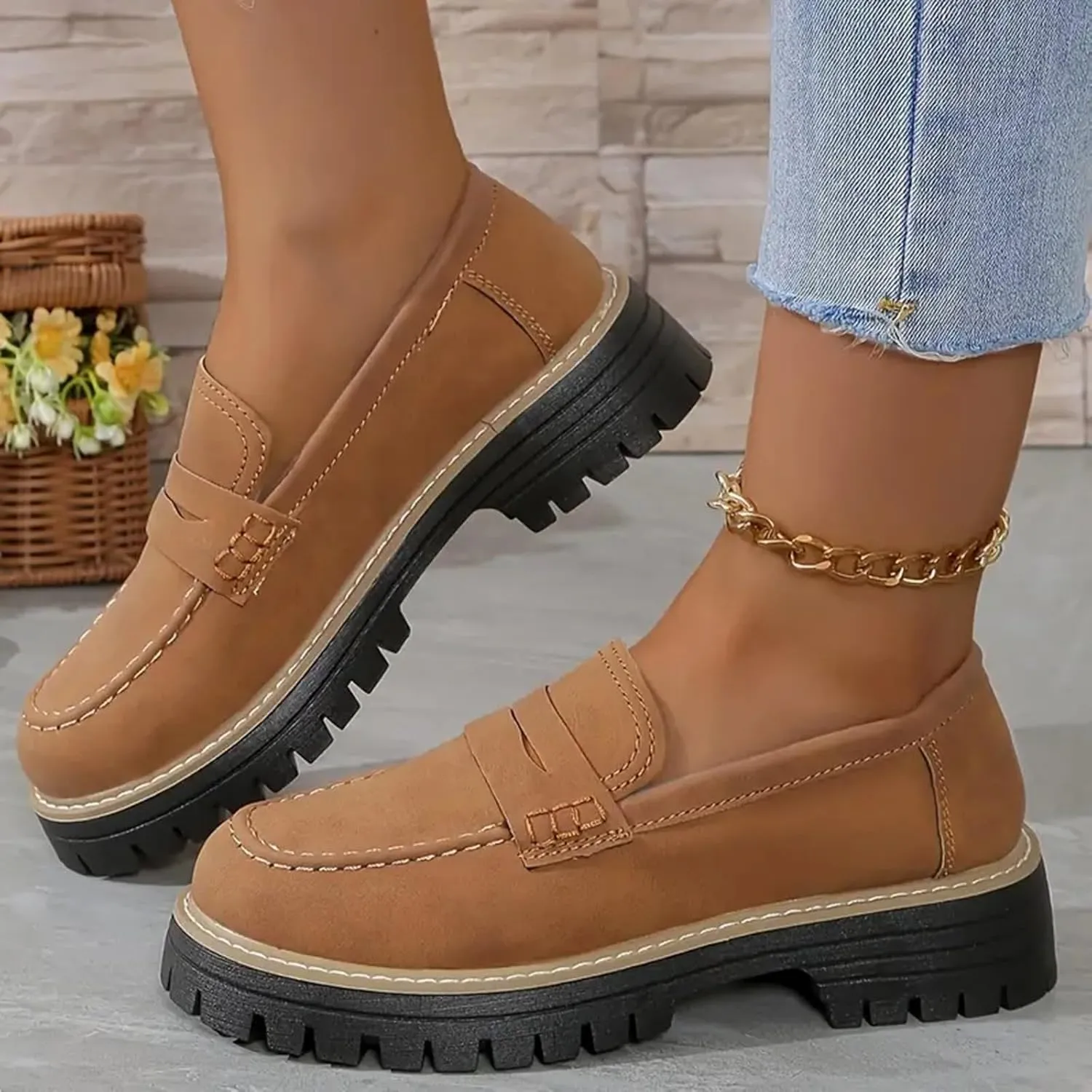 Womens Loafers Platform Chunky Penny Loafer Lug Sole Comfortable Slip On Work Office Business Orthopedic Casual Dressy Shoes Arch Support Round Toe Walking Shoe for Daily Wear