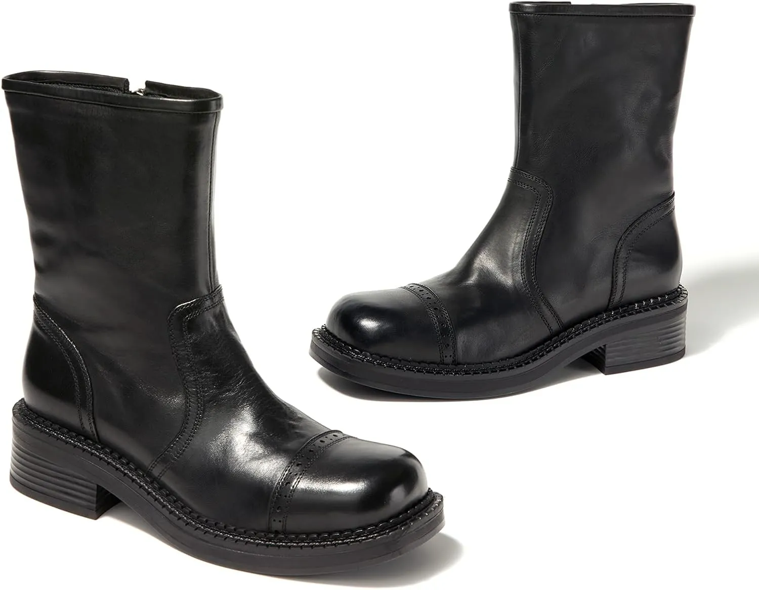 Women's Mid-Calf Cowboy Boots Western Style Zipper Boots Genuine Leather Chunky Heel Perfect for Skirts and Jeans