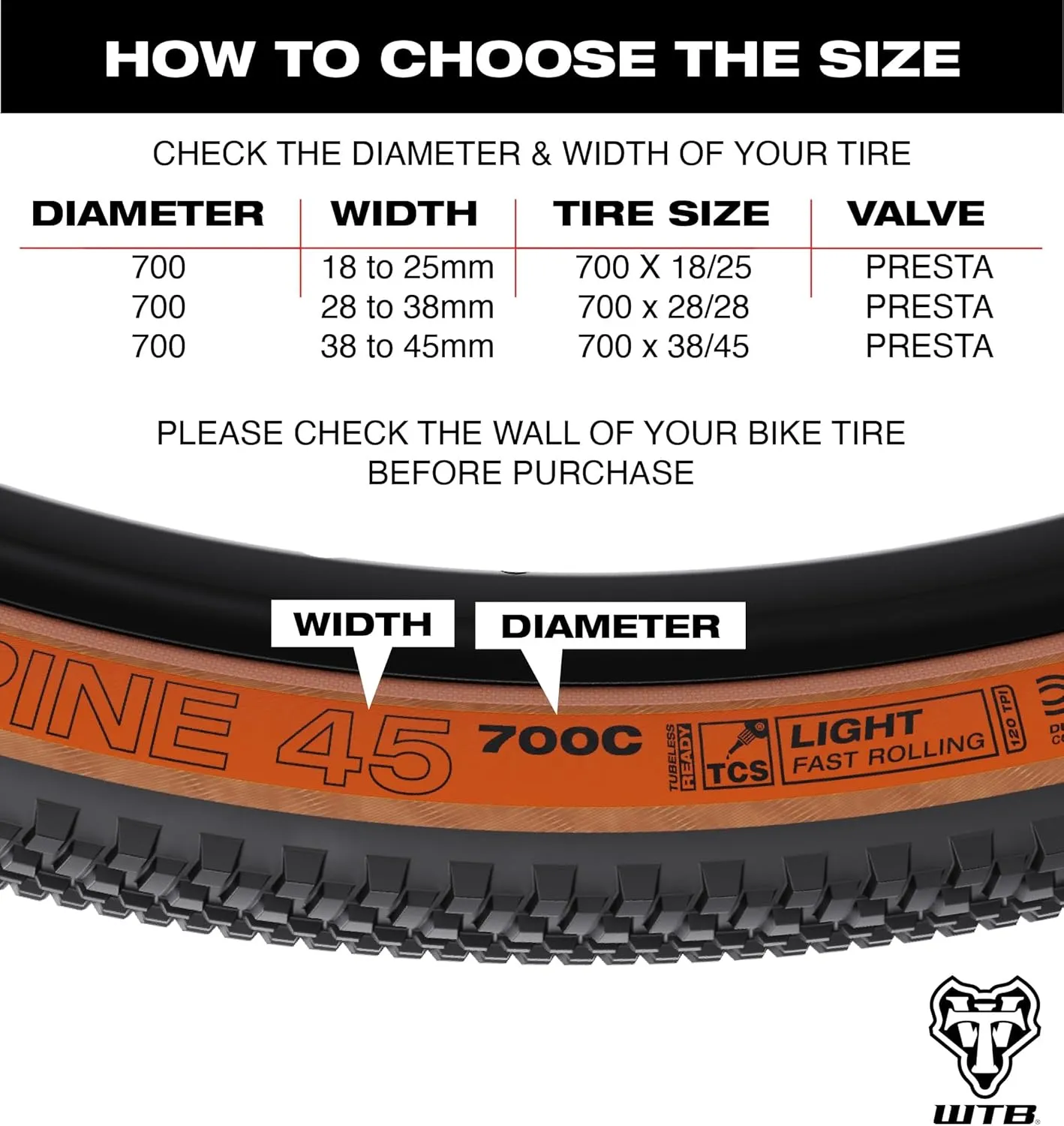 WTB Presta 700c Gravel and Road Bike Inner Tube, Available with 33mm or 48mm Valve, Bike Inner Tube, Durable and Lightweight