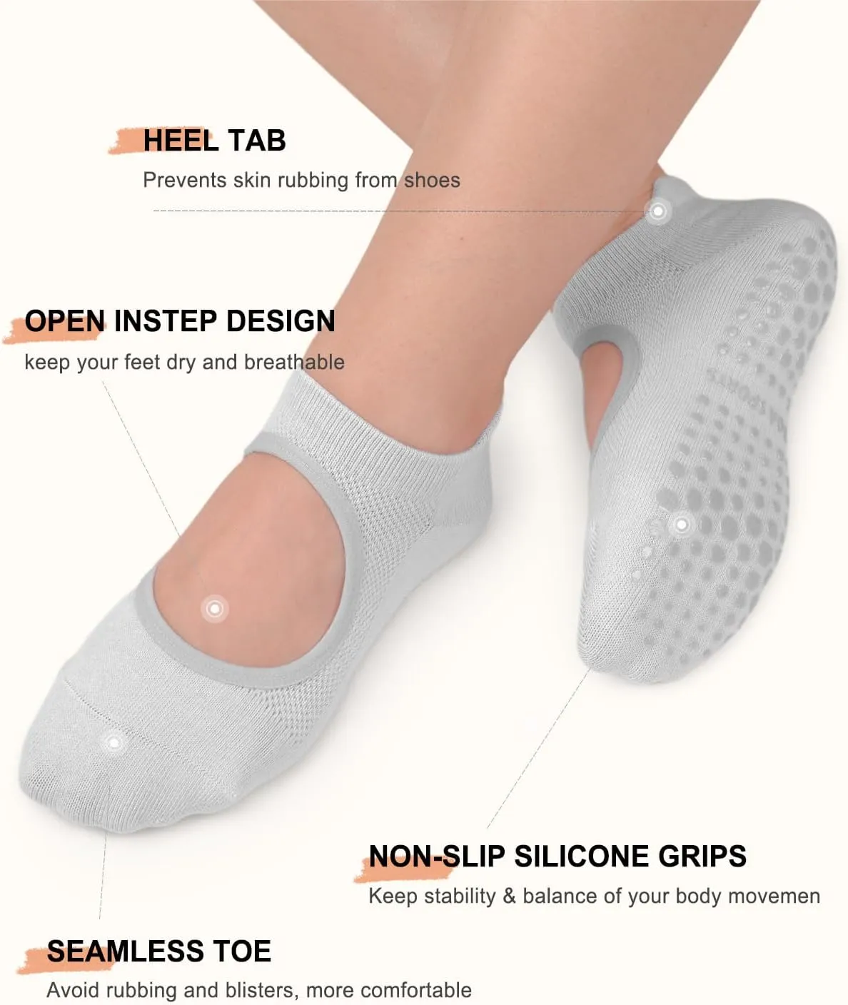 yeuG Grip Pilates Socks for Women Yoga Socks with Grips Open Top Non Slip Grippy Socks for Barre, Ballet, Barefoot Workout