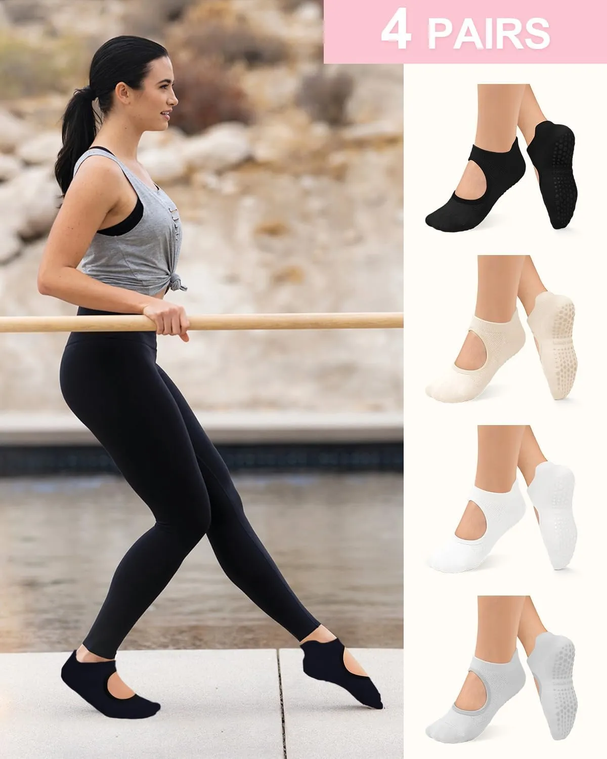 yeuG Grip Pilates Socks for Women Yoga Socks with Grips Open Top Non Slip Grippy Socks for Barre, Ballet, Barefoot Workout